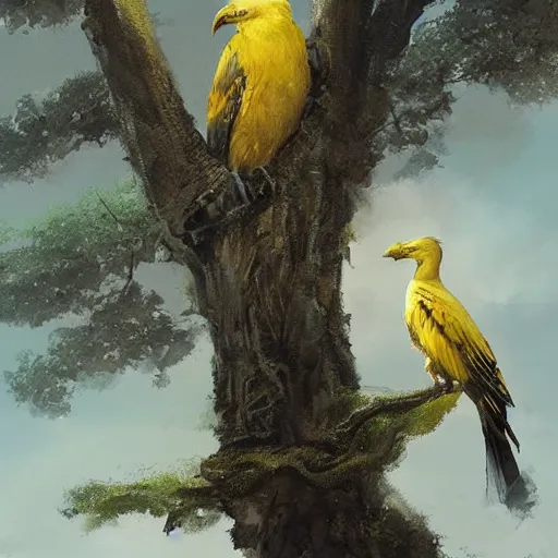 Prompt: a yellow crow on a tree with white leaves, detailed, by greg rutkowski