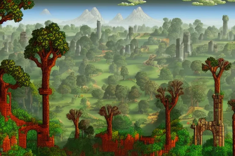 Prompt: beautiful arcadian landscape of a forested valley, ancient ruins in the distance, the art of terraria
