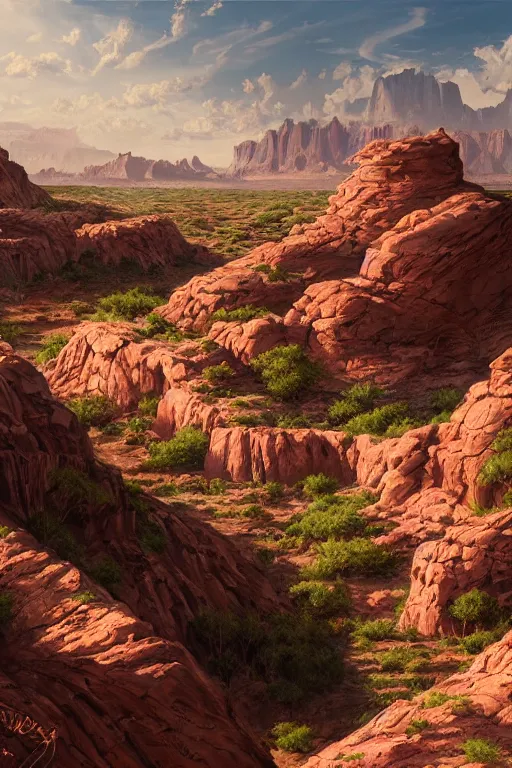 Image similar to beautiful utah desert, rock arcs, lush vegetation, landscape, alex ross, eddie mendoza, raphael lacoste, sebastian ludke, concept art, matte painting, highly detailed, rule of thirds, dynamic lighting, cinematic, detailed, magnificiant landscape, denoised, centerd