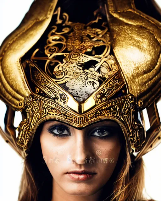 Prompt: a beautiful close up photo of a female model with long hair, no helmet, wearing leather and gold futuristic steampunk armor, with ornate rune carvings and glowing lining, very detailed, shot in canon 50mm f/1.2
