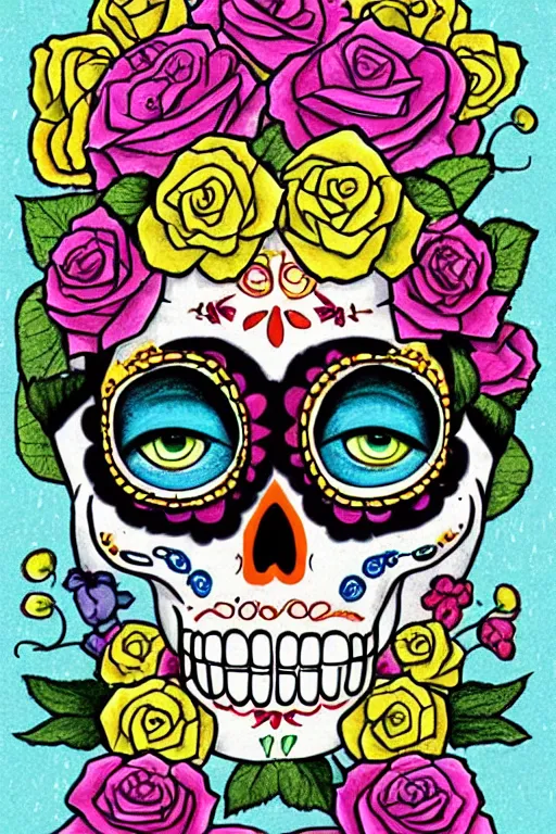 Image similar to illustration of a sugar skull day of the dead girl, art by richard scarry