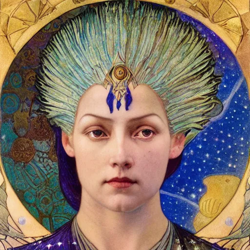 Prompt: queen of the moon with stars in her hair, by nicholas roerich and annie swynnerton and donato giancola and dulac and elihu vedder, dramatic lighting, god rays, geometric tattoos, rich colors, smooth sharp focus, extremely detailed, leo and diane dillon, adolf wolfli