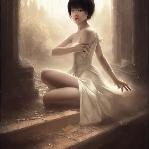 Image similar to like dust, magic gathers in overlooked places, photorealistic portrait of yuja wang in style of tom bagshaw and greg rutkowski. absolutely stunning!, sitting on the palace stairs, symmetrical perfect face, porcelain skin, ultra - detailed, digital art, 8 k