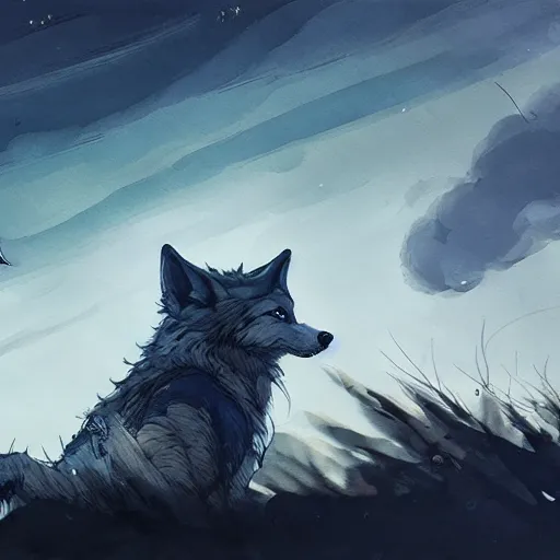 Prompt: concept art of anthropomorphized wolf night sky themed, highly detailed painting by dustin nguyen, akihiko yoshida, greg tocchini, 4 k, trending on artstation, 8 k
