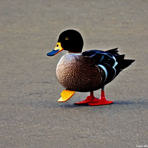 Prompt: a duck with wheels instead of legs