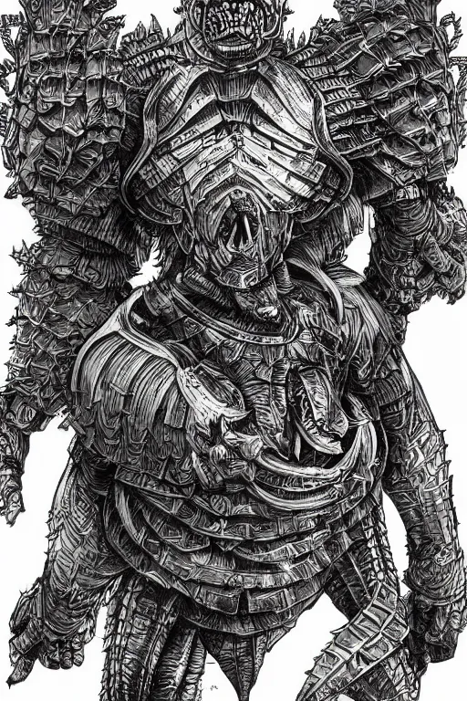 Prompt: armoured warrior humanoid ape monster, symmetrical, highly detailed, digital art, artichoke themed armour, sharp focus, trending on art station, kentaro miura manga art style