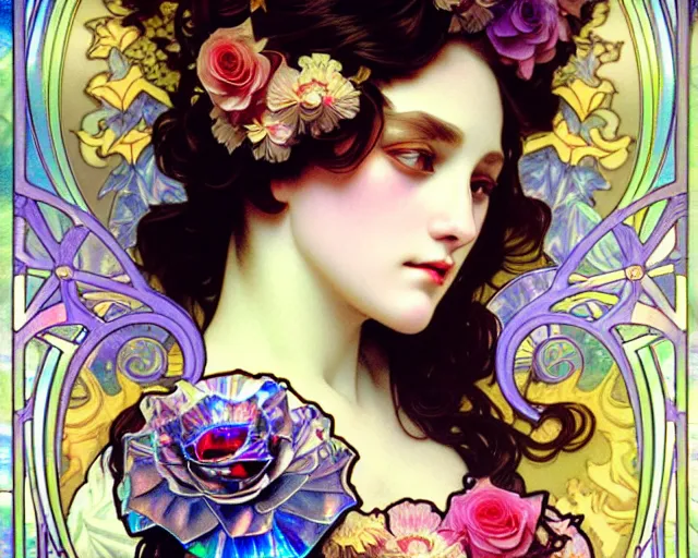 Image similar to overlord, rococo and art nouveau fusion, iridescent diaphanous refractive and reflective flower bouquet, tarot card, highly detailed, deep focus, elegant, digital painting, smooth, sharp focus, illustration, ultra realistic, 8 k, art by artgerm and alphonse mucha