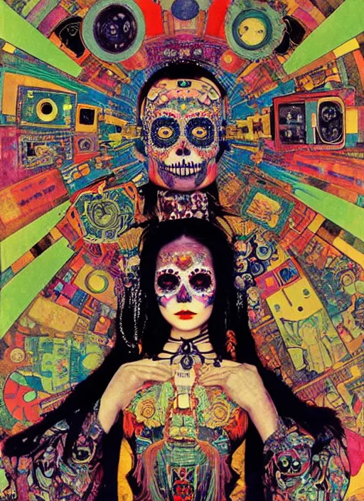 Image similar to cute punk goth fashion hippy fractal Día de los Muertos android girl wearing kimono made of circuits and leds by Zhang Jingna, psychedelic poster art by Hannah Höch Käthe Köllwitz Victor Moscoso Rick Griffin Alphonse Mucha Gustav Klimt Ayami Kojima Amano Charlie Bowater