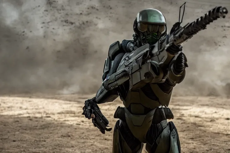 Image similar to vfx movie closeup, sci - fi super soldier in worn military futuristic armor, posing with futuristic rifle in alien technology temple, master chief by emmanuel lubezki