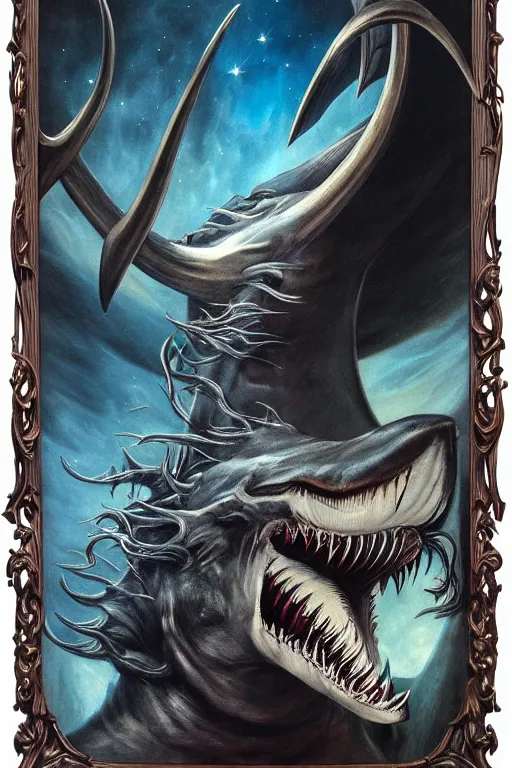 Image similar to sideview waist up portrait of baphomet shark with big antler made with porcelain by jeff easley and peter elson, beautiful eyes and face, symmetry face, galaxy, gothic, surreal, dread, highly detailed, intricate complexity, epic composition, magical atmosphere, masterpiece, award winning, trending on artstation