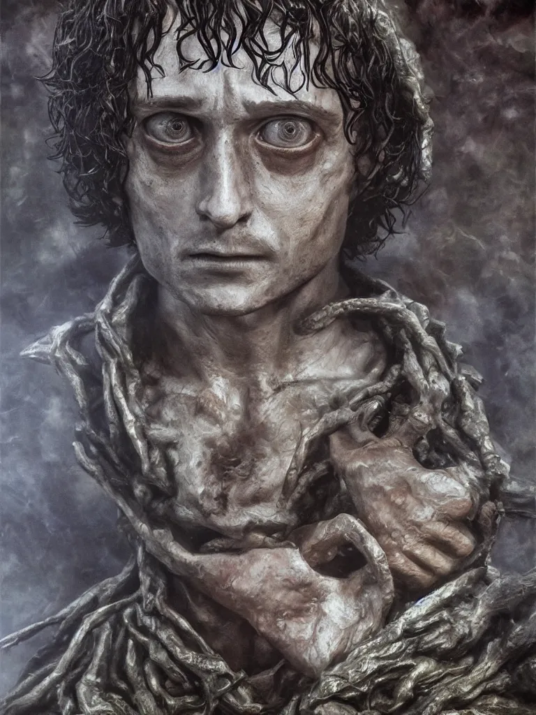 Image similar to tribute sculpture of elijah wood as frodo, epic dark fantasy horror stylized oil painting by ivan shiskin. trending on artstation