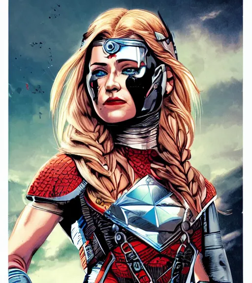 Image similar to HD photograph of Viking female android, by MARVEL comics and Sandra Chevrier, 4k