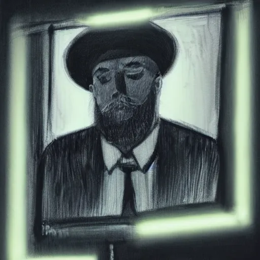 Image similar to a highly detailed portrait of a gross neckbeard man wearing a fedora in a dark basement illuminated by a computer screen, 8 k, 4 k, oil on canvas