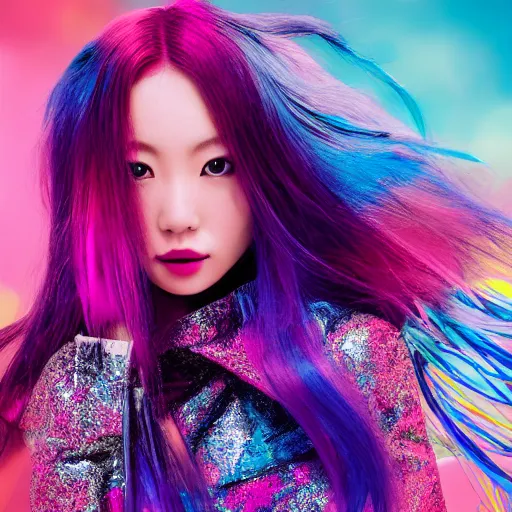 Image similar to japanese model with maximalist hair style and makeup, bright colors, fashion model, portrait shot, gliter, depth of field, 8 k, hyper detailed, intricate, trending on artstation