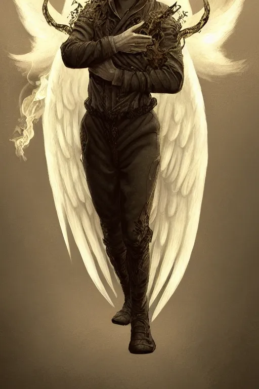 Image similar to Full body potrait of Vesa Matti Loiri as and angel , angel is split in two with smoke, fantasy, intricate, elegant, highly detailed, digital painting, artstation, concept art, smooth, sharp focus, illustration, art by Ilja Repin