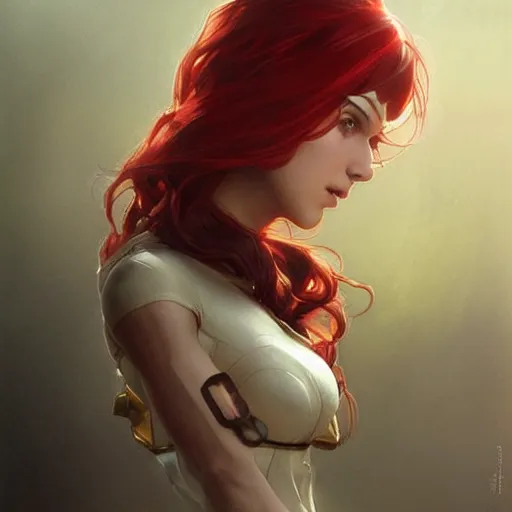 Image similar to a cool red - plate - haired girl. she is dressed as a superhero. clean elegant painting, beautiful detailed face. by artgerm and greg rutkowski and alphonse mucha