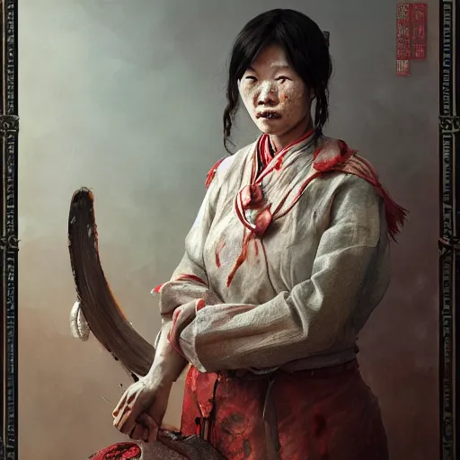 Image similar to portrait painting of a bloodied north chinese female butcher, ultra realistic, concept art, intricate details, eerie, highly detailed, photorealistic, octane render, 8 k, unreal engine. art by artgerm and greg rutkowski and alphonse mucha