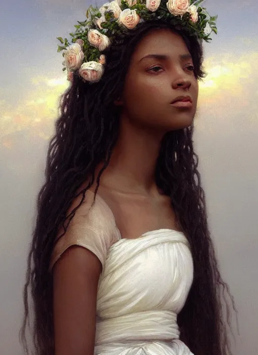 Image similar to oil painting close up portrait of a contemplative young black woman with long flowing hair in a white dress, wearing a crown of white roses!! at sunset, hazy, digital art, chiaroscuro, artstation, cinematic, golden hour, digital art painting by greg rutkowski, william - adolphe bouguereau, hazy atmosphere, cinematic lighting, flowers