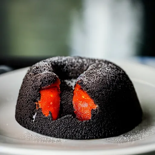 Prompt: A lava cake with actual lava pouring out