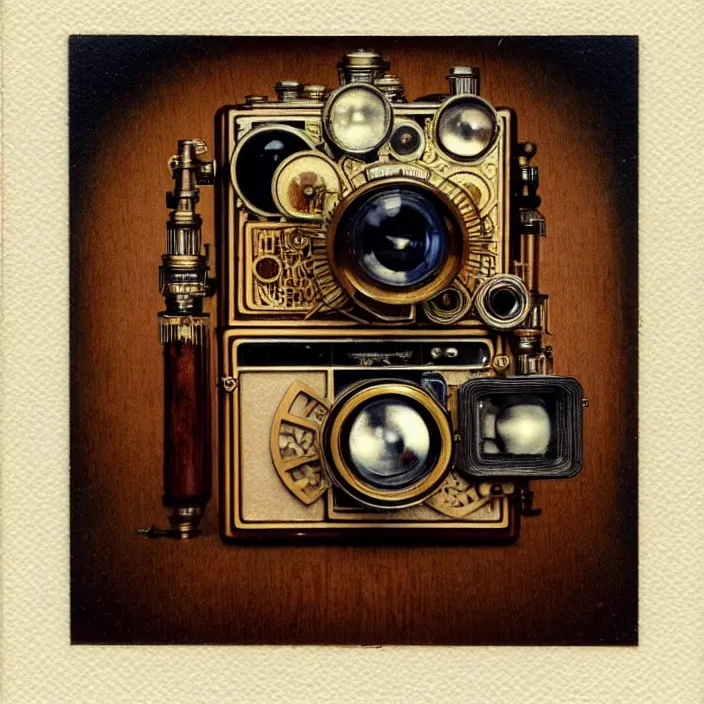 Prompt: a very beautiful steampunk polaroid camera. scandinavian art deco design!!!. birch wood!!!. plain background. centered. tubes. highly detailed, oil painting. artstation, concept art, symmetry, smooth, sharp focus, illustration, art by john singer sargent and and mucha by theodore ralli and nasreddine dinet and anders z