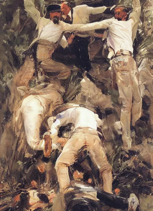 Image similar to artwork painting of the members of the mob dumping a body by eugene von guerard, ivan shishkin, john singer sargent