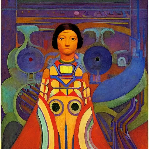 Image similar to the little robot queen in her regalia, by annie swynnerton and diego rivera and nicholas roerich, symbolist, dramatic lighting, elaborate geometric ornament, art brut, smooth, sharp focus, extremely detailed, leo and diane dillon, adolf wolfli, soft pastel colors