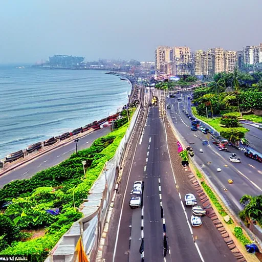 Prompt: marine drive : also known as the queen's necklace, marine drive is a 3 - kilometre - long promenade that offers stunning views of the arabian sea