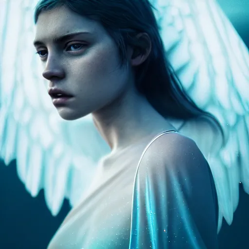 Image similar to portrait art of female angel by alessio albi 8 k ultra realistic, angel wings, lens flare, atmosphere, glow, detailed, intricate, full of colour, cinematic lighting, trending on artstation, 4 k, hyperrealistic, focused, extreme details, unreal engine 5, cinematic, masterpiece