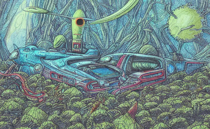 Prompt: intricately detailed color pencil drawing, retro spaceship crash landed on an alien forest landscape