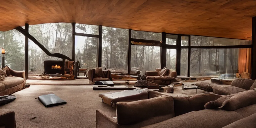 Image similar to an elegant interior photo of a sunken living room with a fireplace, dark wood , sofa, chair, end table, designed by Frank Loyd Wright, a zombie apocolypse can be seen outside