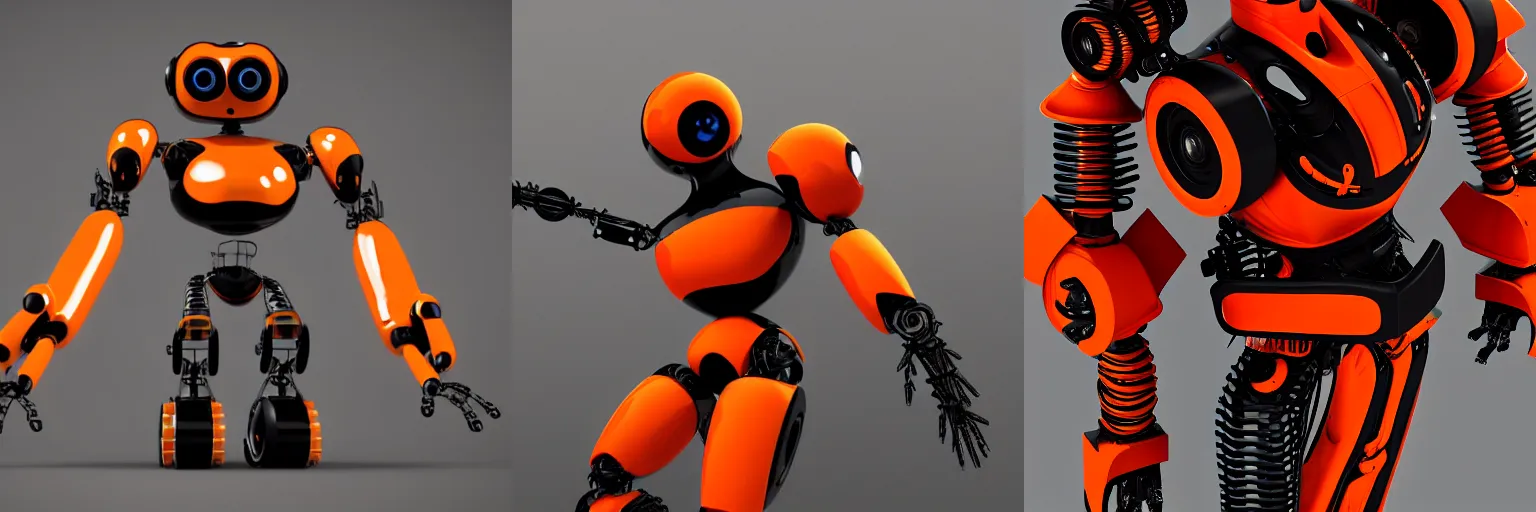 Prompt: V-Ray render of a robot, orange and black, highly detailed