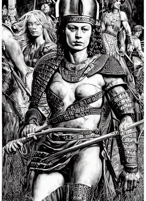 Image similar to warrior queen boudica, pulp art painting in a mixed style of mort kunstler and maxfield parrish, intricate, hyper detailed, stunning inking lines, 4 k, hd, award winning, photorealistic