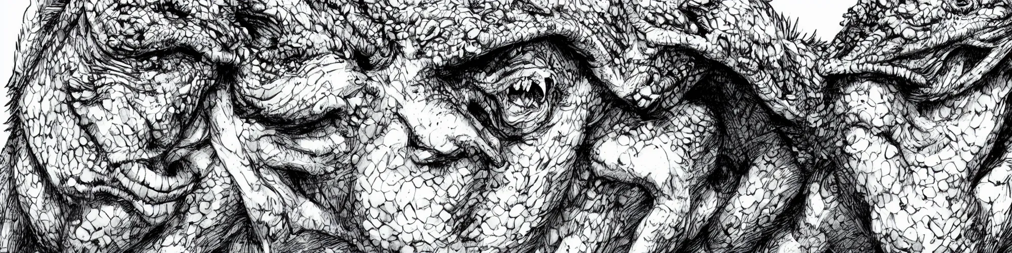 Prompt: A crying lizard man. In the style of Kentaro Miura, 4k, highly detailed, manga