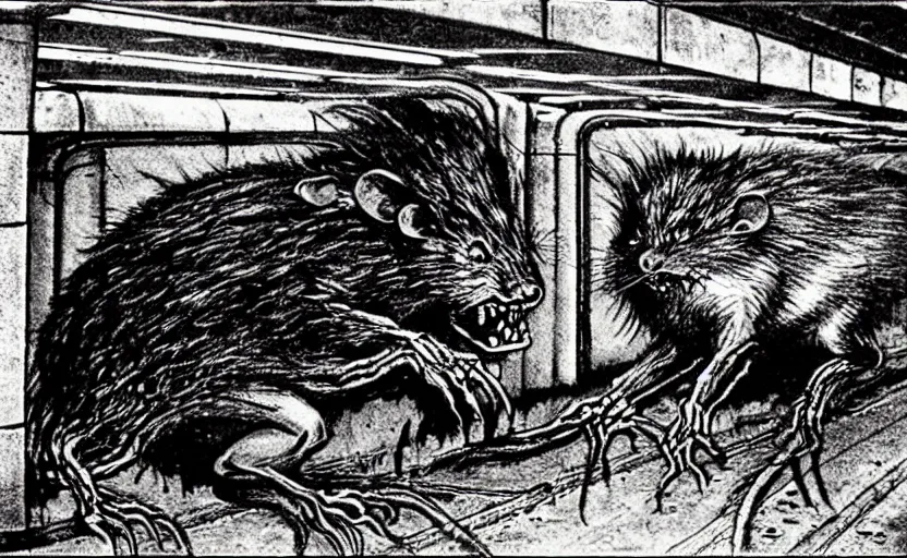 Image similar to very large giant mutant zombie irradiated ( angry rat ) staying on railways in tonnel of moscow subway. tonnel, railways, giant angry rat, furr, fangs, claws, very realistic. extreme long shot, herman nitsch and herman nitsch, giger.