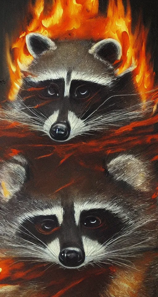 Prompt: bosch oil painting of a fire god raccoon, apocalyptic