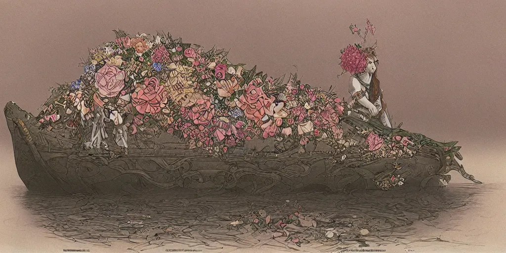 Image similar to an elaborate floating coffin adorned with flowers, evening, fantasy, regal, intricate, detailed matte painting by moebius