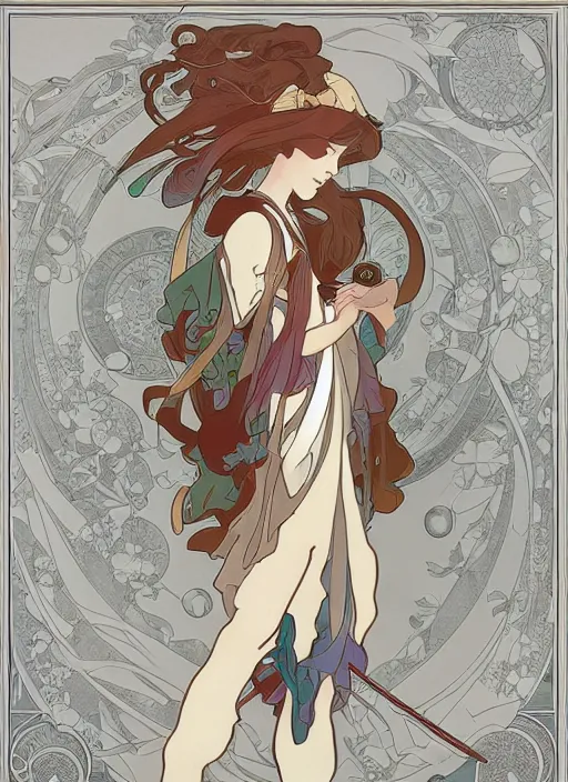 Image similar to photographer character design on white background, drawn by studio ghibli, alphonso mucha, lolish, trending on artstation