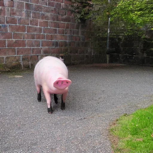Image similar to pig wearing victorian dress in the courtyard doing crossfit