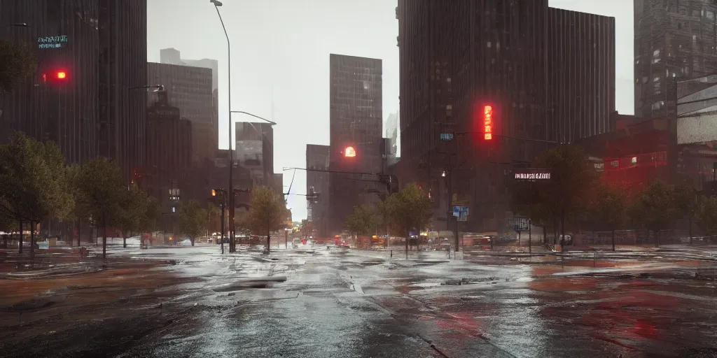 Prompt: hegemonic downtown denver with heavy rain, cinematic, ultra - realistic, ultra - detailed, octane render, unreal engine 5, depth of field