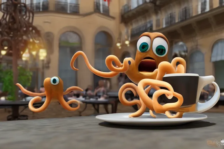 Image similar to Angry little octopus threaten with a fist from a cup of coffee in beautiful morning café in Paris. Pixar Disney 4K 3d render funny animation movie Oscar winning trending on ArtStation and Behance. Oscar Award winner