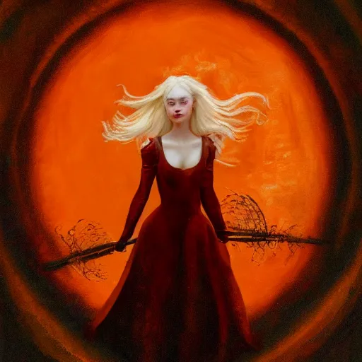 Prompt: oil Painting of Elle Fanning in Dark Souls opening an orange Oblivion portal, long blonde hair, delicate, pale milky white porcelain skin. 8K. Extremely detailed.