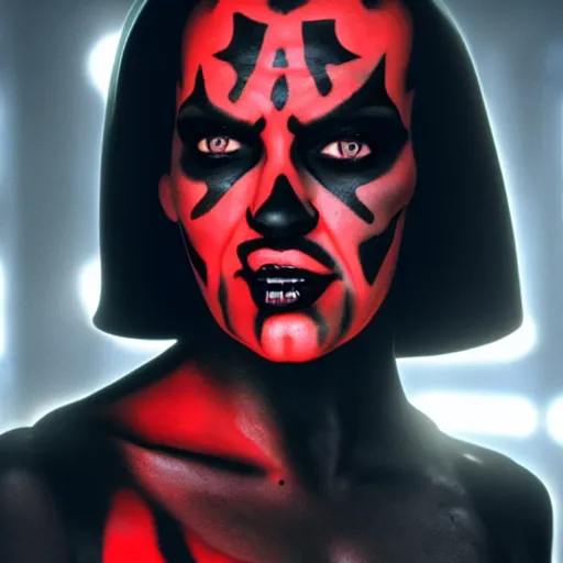 Image similar to Pamela Anderson as Darth Maul, cinematic, 8k, ominous