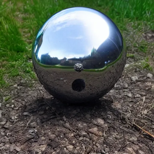 Prompt: a reflective metal sphere with spikes protruding from it opening a black hole to another dimension.