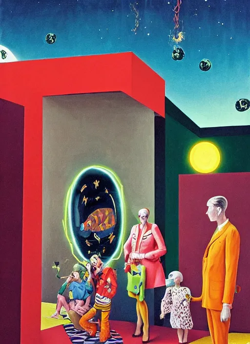 Image similar to painting of a gucci animal costumed family being shown how to open magic portals by a large glowing alien in their suburban living room maze, ufo in the room, designed by gucci and wes anderson, energetic glowing planets in the air, cinematic look, in the style of edward hopper, james jean, petra collins and mc. escher, uhd,