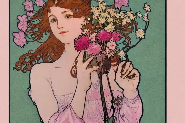 Image similar to a pretty girl with a robotic arm holding a flower, graphic novel, miniature faking, alphonse mucha, baby pink color, ceramic, dof