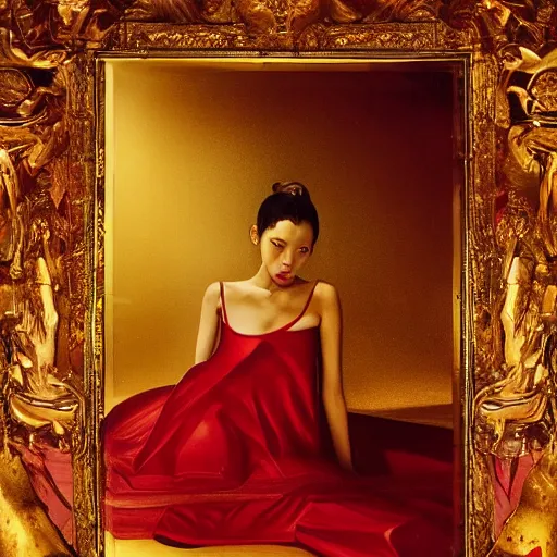 Image similar to Kiko Mizuhara full body laying in a blood red pool of water between a golden mirror frame, outside is space and inside the mirror frame is a beautiful landscape., physically accurate, dynamic lighting, intricate, elegant, highly detailed, very very Roberto Ferri, sharp focus, illustration, art