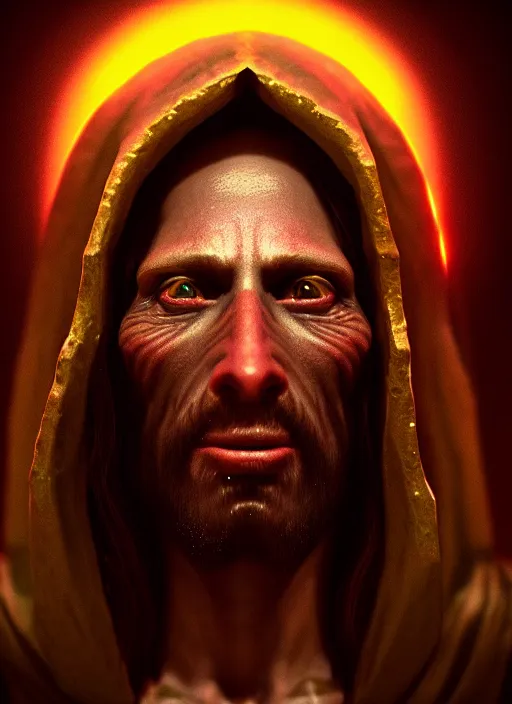 Prompt: portrait of goblin Jesus Christ, perfect facial symmetry + dim volumetric lighting, 8k octane beautifully detailed render, post-processing, extremely hyperdetailed, intricate, epic composition, grim yet sparkling atmosphere, cinematic lighting + masterpiece, trending on artstation