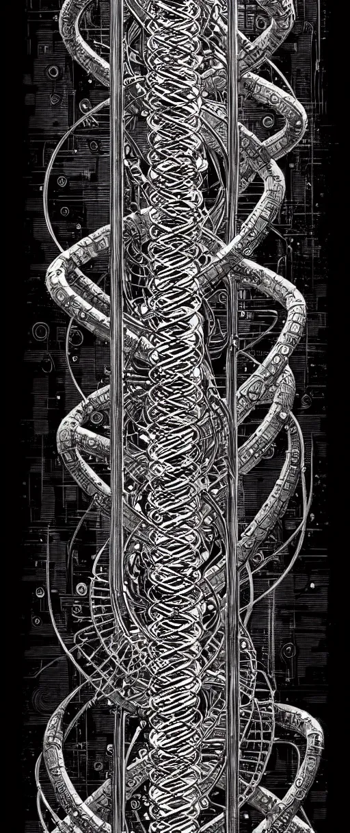 Image similar to a double helix dna cyberpunk steampunk etched pillar, high details, bold line art, by vincent di fate and joe fenton, inking, screen print, masterpiece, trending on artstation, sharp, high contrast, hyper - detailed,, hd, 4 k, 8 k