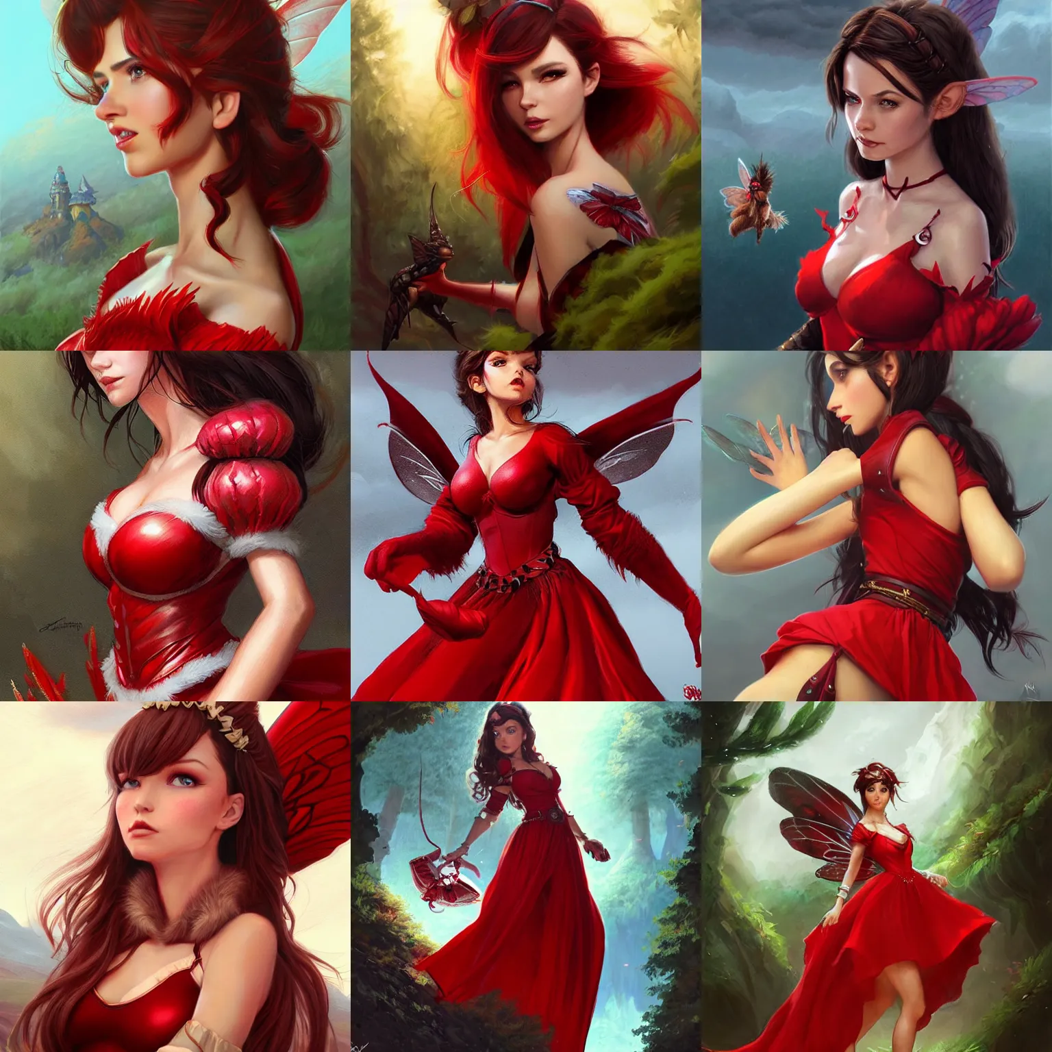 Prompt: brunette fairy woman, wearing red puffy dress, d & d, fantasy, highly detailed, digital painting, trending on artstation, concept art, sharp focus, illustration, art by artgerm and greg rutkowski and magali villeneuve, over the shoulder point of view