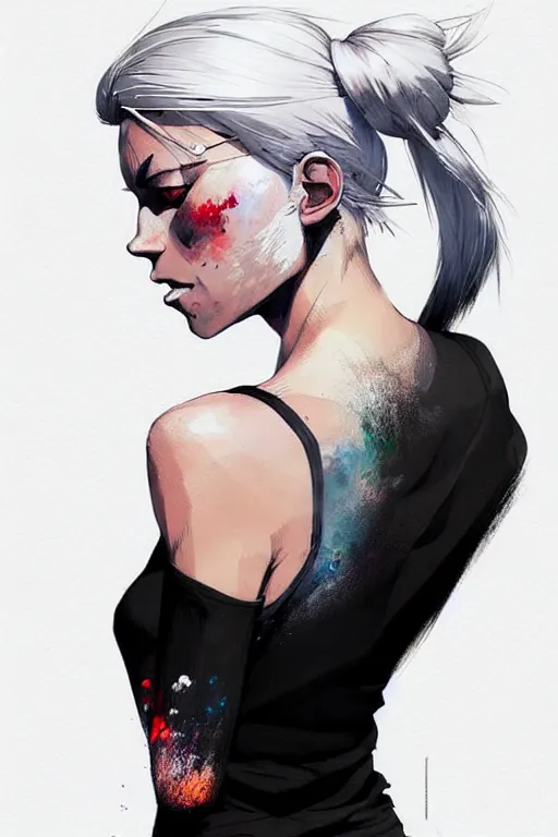 Image similar to a ultradetailed beautiful full body painting of a stylish woman in with white hair in a ponytail, she is wearing a black tank top, by conrad roset, greg rutkowski and makoto shinkai trending on artstation